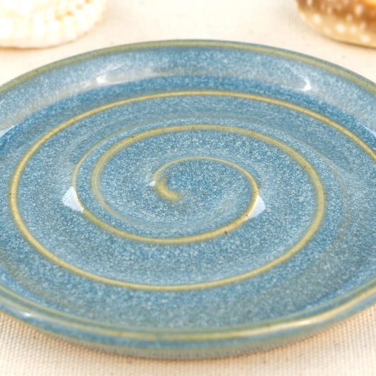 Close-up of Coastal Blue soap dish with my signature Sea Smoothed Pebble glaze, glossy speckled ceramic soap saver detail