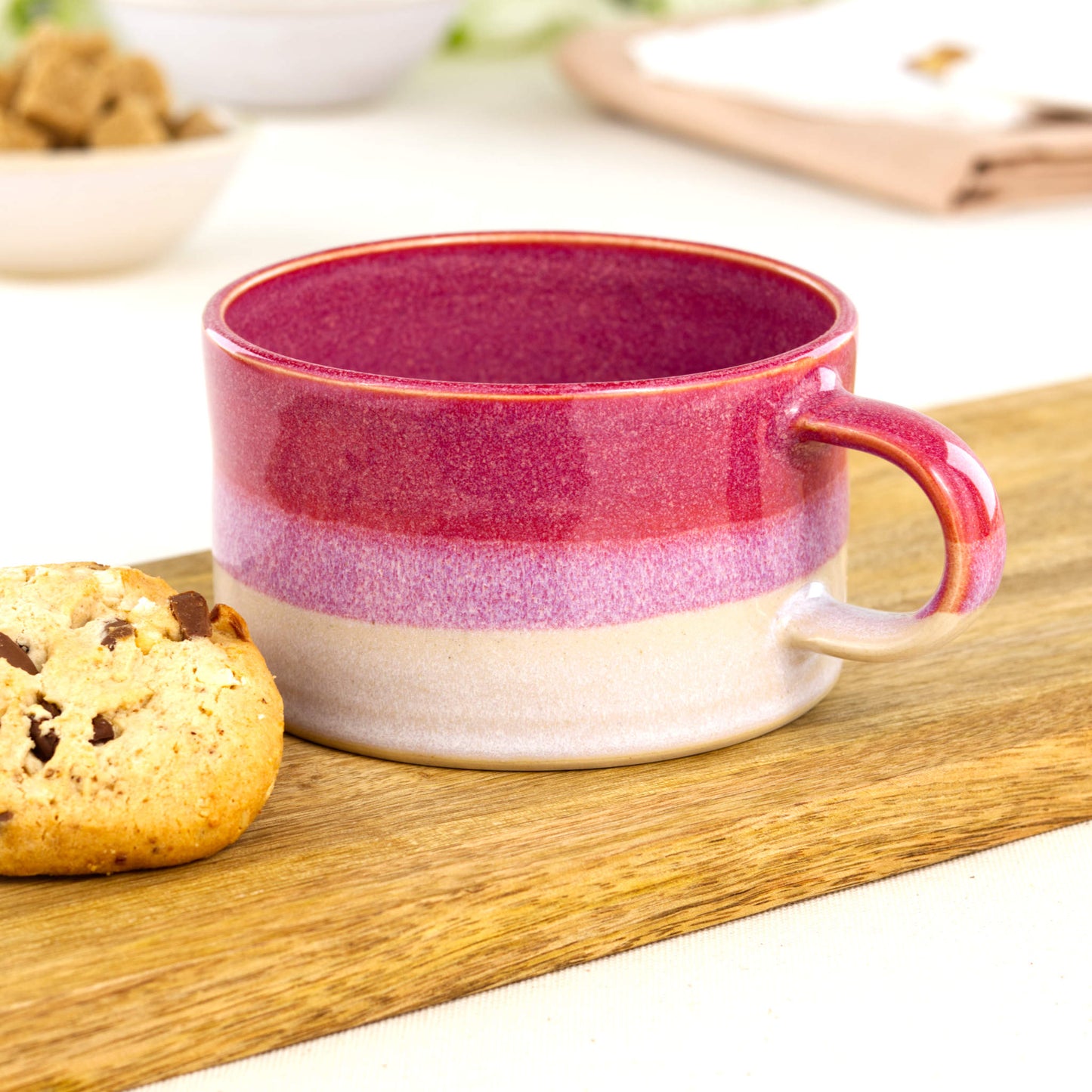 Crimson and White handmade cappuccino cup on wooden board with biscuit, artisan stoneware coffee cup for flat white weekends