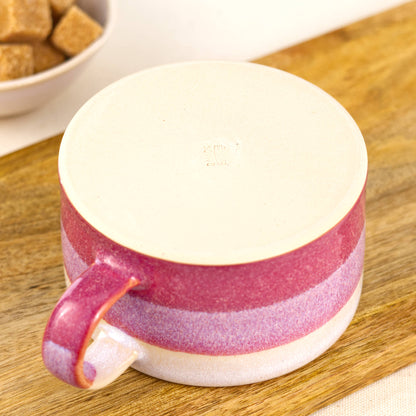 Smooth flat base of handcrafted cappuccino cup with maker’s mark, durable stoneware underside from Sussex pottery studio