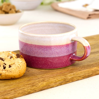 White and Crimson handmade cappuccino cup with cookie on wooden board, artisan stoneware banded coffee cup for barrista style coffees