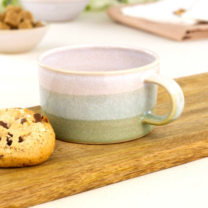 White and Pale Green handmade cappuccino cup on wooden board with biscuit, artisan stoneware coffee mug for weekend flat whites