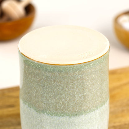 Handmade stoneware diffuser vessel base in Pale Green and White with smooth unglazed underside and impressed maker’s mark