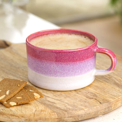 Crimson and White cappuccino cup filled with coffee on serving board with luxury biscuits, handmade ceramic cup for cosy mornings and café moments