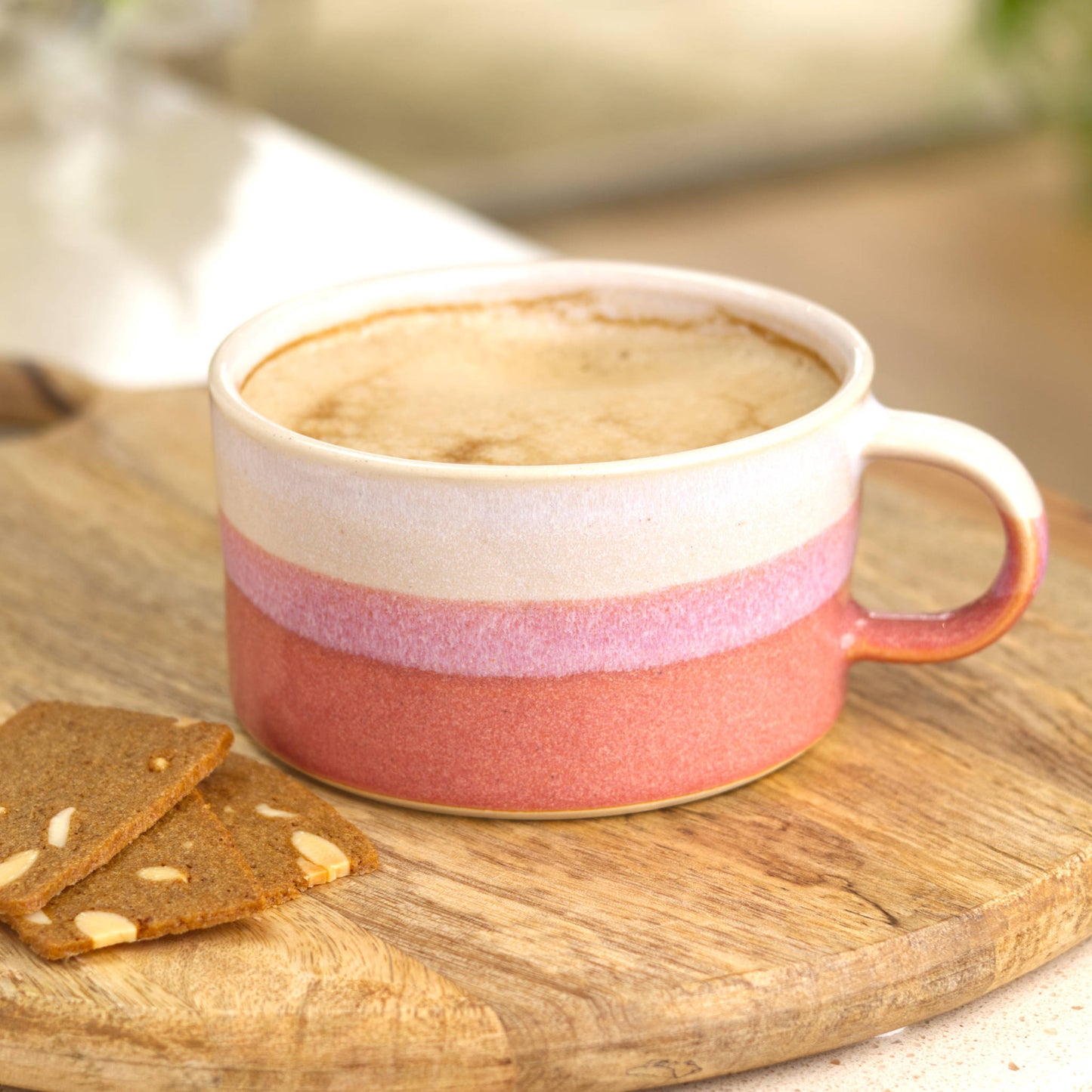 White and Coral ceramic coffee cup filled with fresh espresso drink, handmade cup for weekend brunch and slow starts