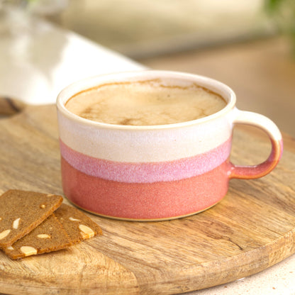 White and Coral ceramic coffee cup filled with fresh espresso drink, handmade cup for weekend brunch and slow starts