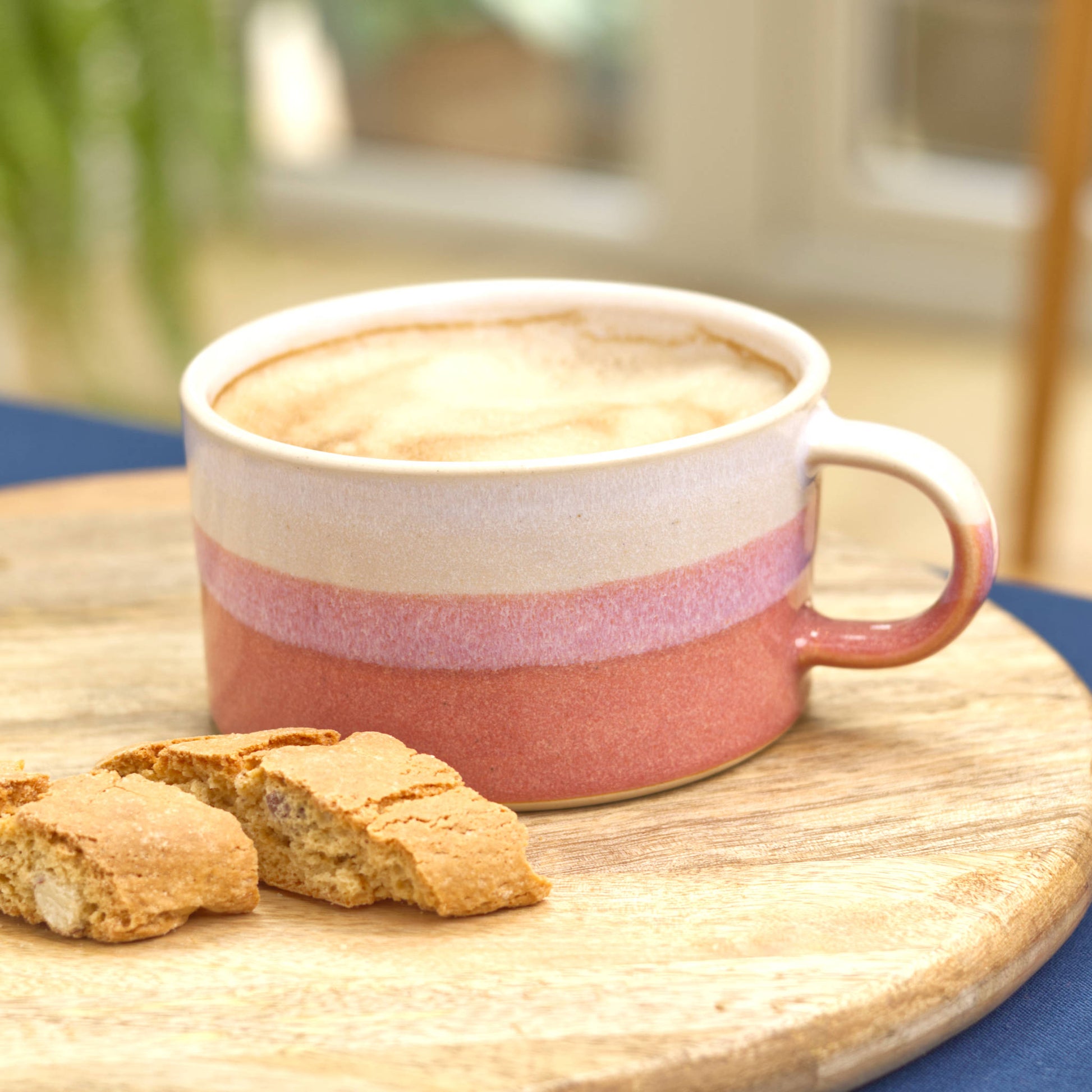 White and Coral cappuccino cup styled on kitchen shelf, cheerful handmade pottery mug for cottagecore home decor
