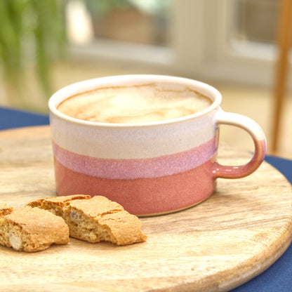 White and Coral cappuccino cup styled on kitchen shelf, cheerful handmade pottery mug for cottagecore home decor