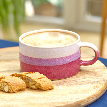 White and Crimson cappuccino cup on kitchen shelf, with biscotti treats and rich coloured pottery mug for farmhouse kitchen decor and coffee lovers