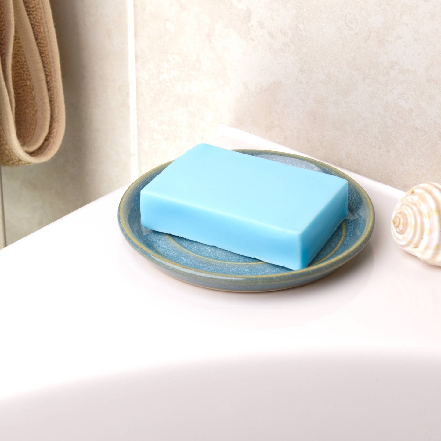 Coastal Blue soap saver with matching blue soap bar, handmade pottery soap dish for stylish bathroom sink storage
