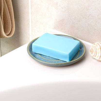 Coastal Blue soap saver with matching blue soap bar, handmade pottery soap dish for stylish bathroom sink storage