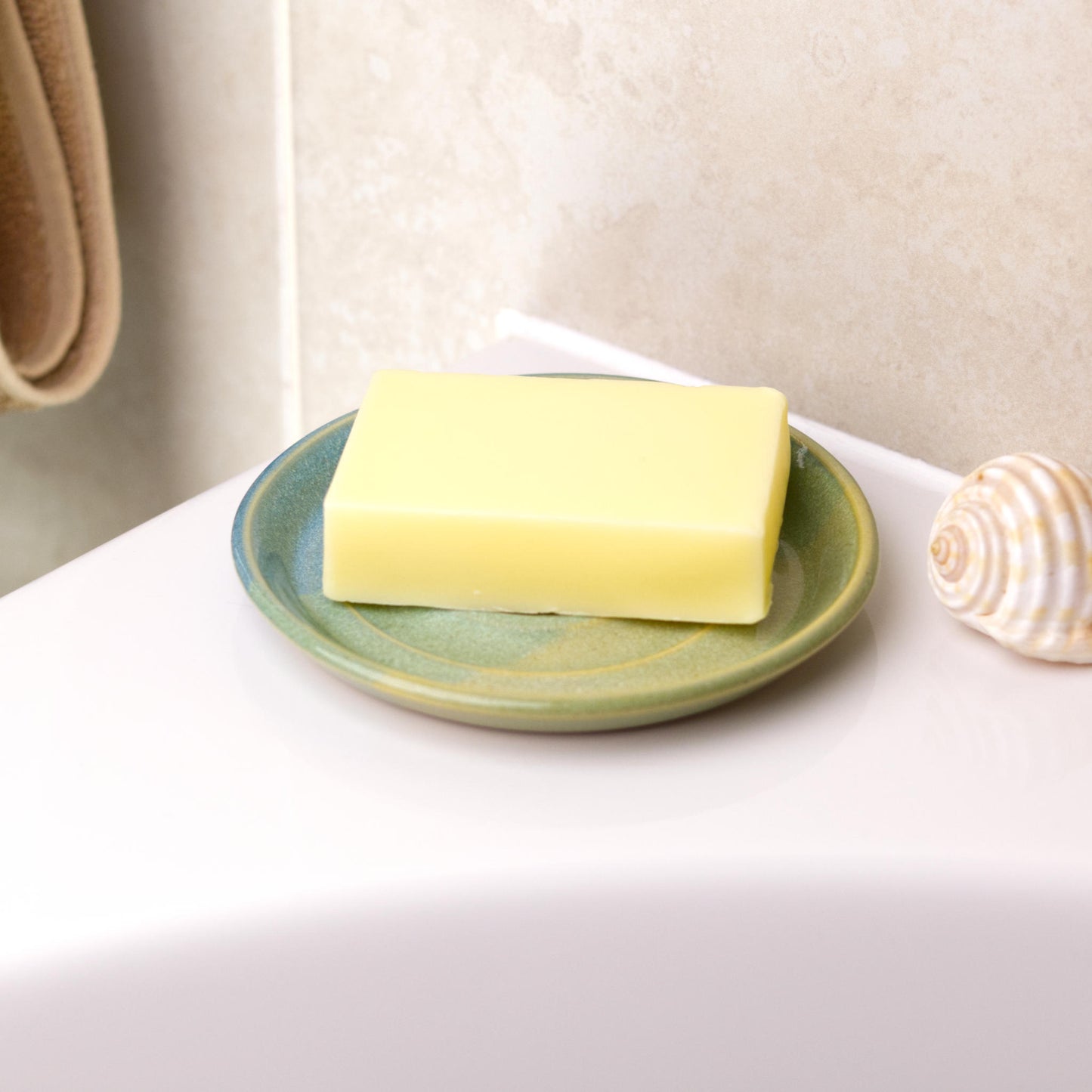 Sea toned handmade soap dish holding cream soap bar, Coastal Blue and Pale Green bathroom accessory with fresh spa feel