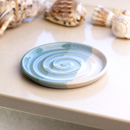 Coastal Blue and White ceramic soap dish on bathroom windowsill, handmade striped soap holder for coastal style bathroom decor