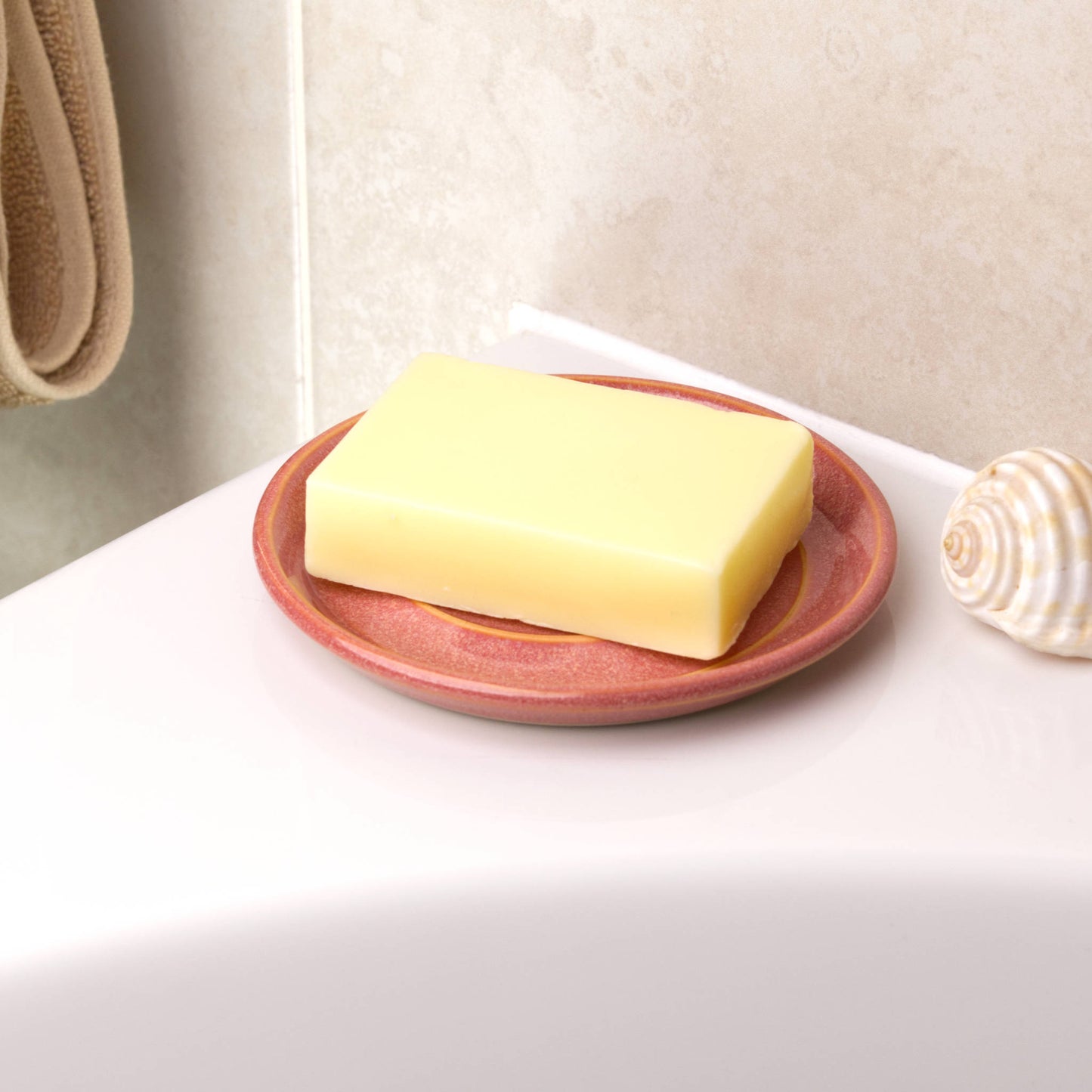 Handmade coral stoneware soap dish holding cream soap bar, artisan ceramic soap holder for bathroom basin or vanity