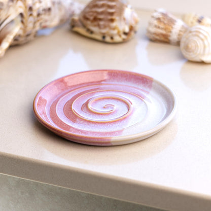 Coral and white ceramic soap tray on bathroom windowsill, handmade coastal decor soap dish with warm layered glazes