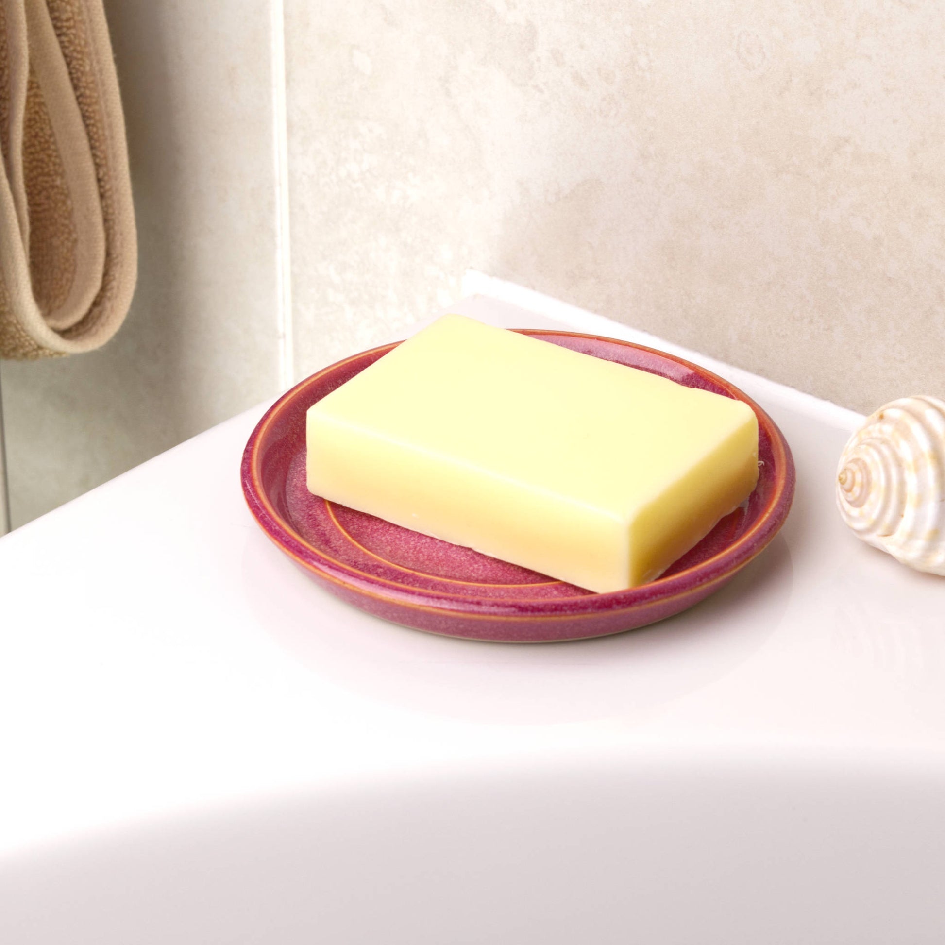 Handmade crimson stoneware soap dish holding cream soap bar, spiral draining ceramic soap holder for bathroom sink or vanity