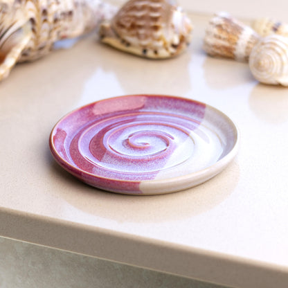 Crimson and white ceramic soap tray on bathroom windowsill, handmade bathroom decor soap dish with rich layered glazes
