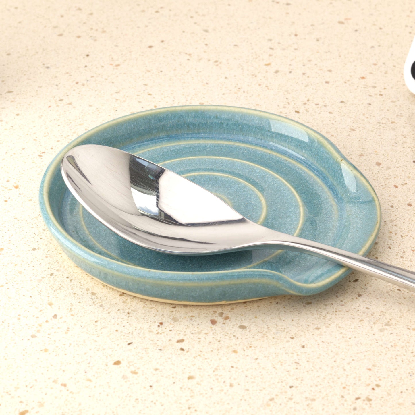 Coastal Blue handmade pottery spoon rest holding tablespoon, practical ceramic spoon holder for cooking utensil drips and worktop styling
