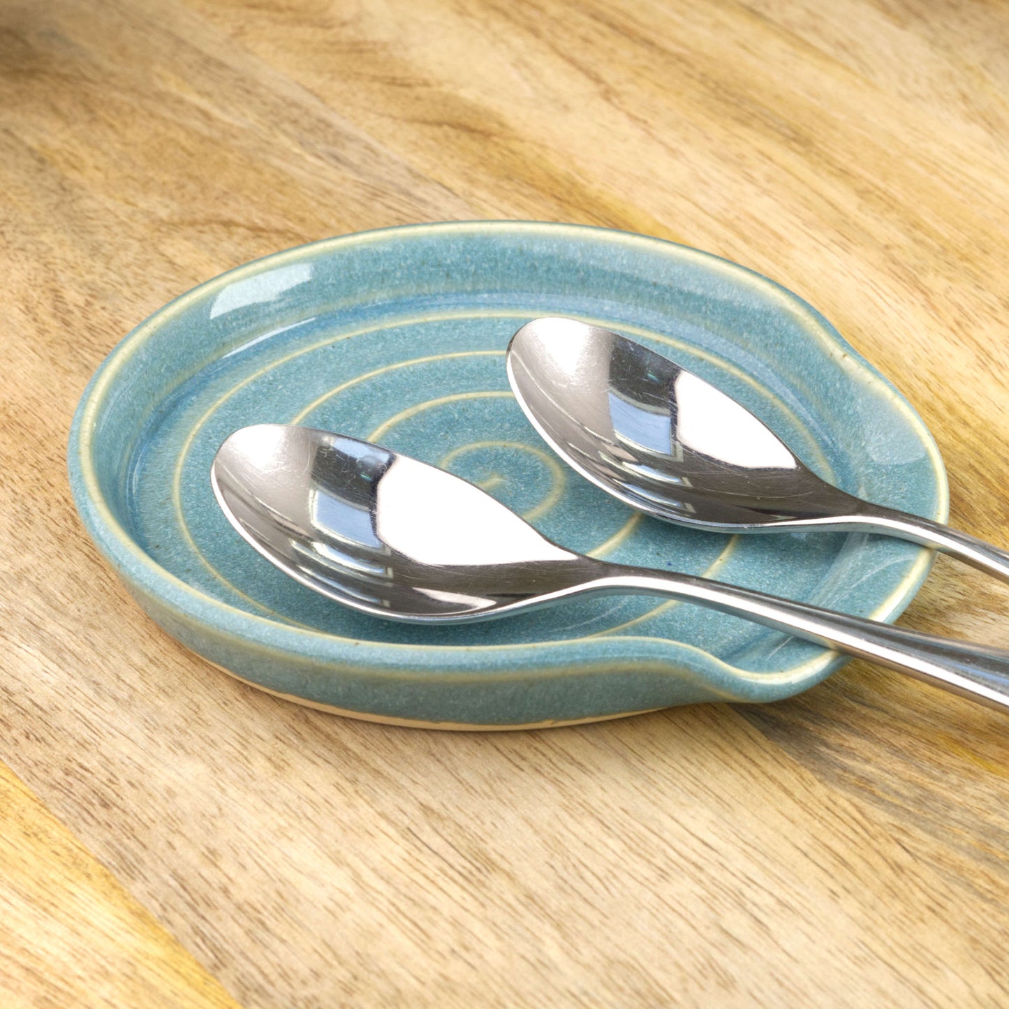 Coastal Blue wheel-thrown spoon rest with teaspoons, handmade ceramic spoon holder for tea station, coffee corner or thoughtful kitchen gift
