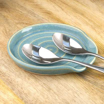Coastal Blue wheel-thrown spoon rest with teaspoons, handmade ceramic spoon holder for tea station, coffee corner or thoughtful kitchen gift