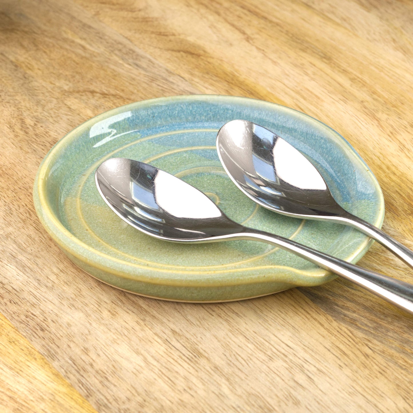 Coastal Blue and Pale Green wheel-thrown spoon rest with teaspoons, handmade ceramic spoon holder for tea station, coffee corner or kitchen gift