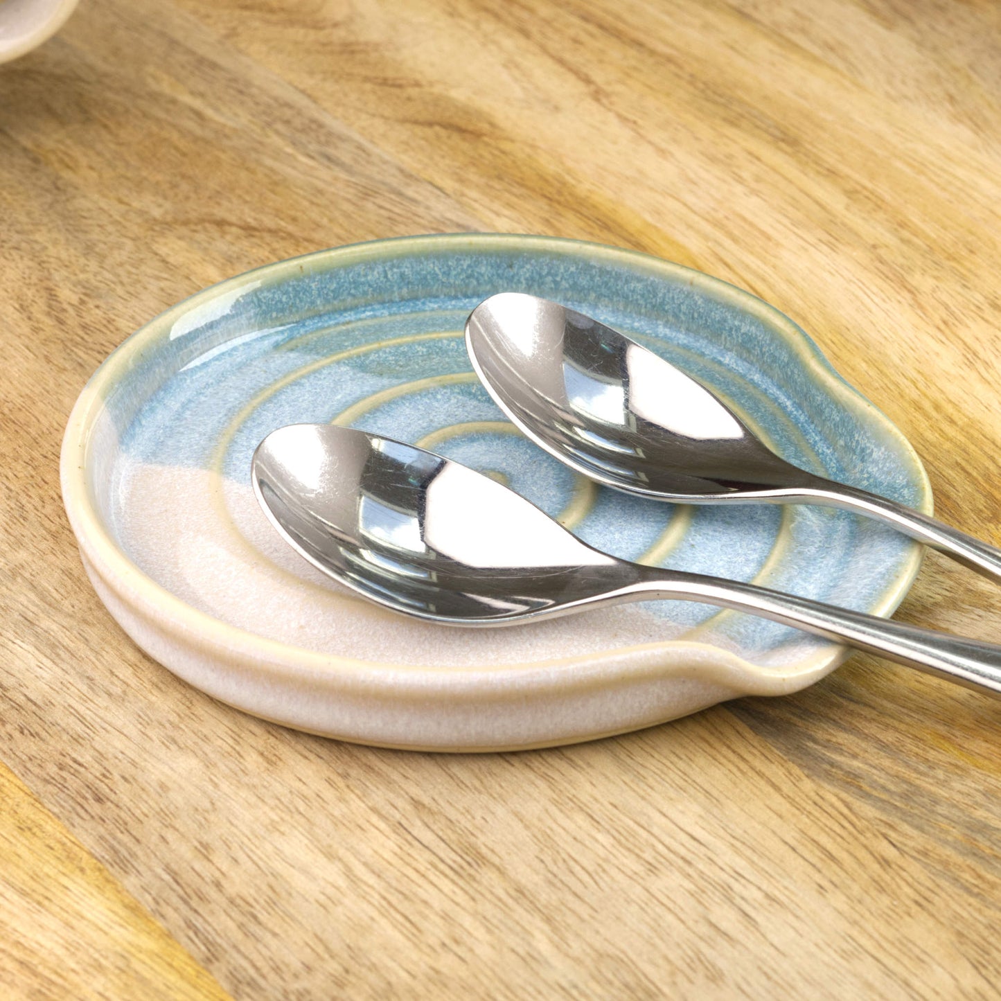 Handmade spoon rest with teaspoons, Coastal Blue and White pottery utensil tray for tea station or coffee corner