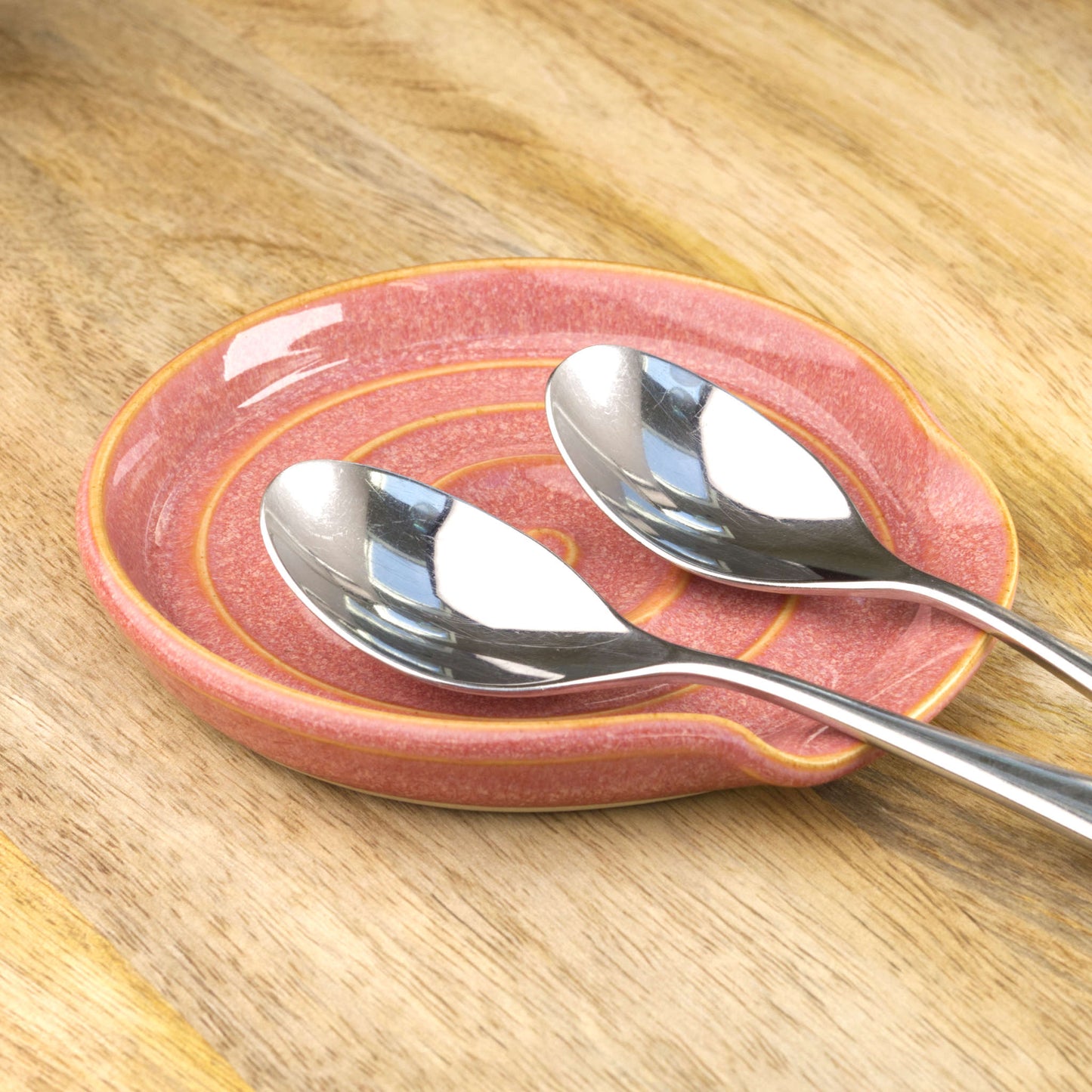 Coral wheel-thrown spoon rest with teaspoons, handmade ceramic spoon holder for tea station, coffee corner or thoughtful kitchen gift