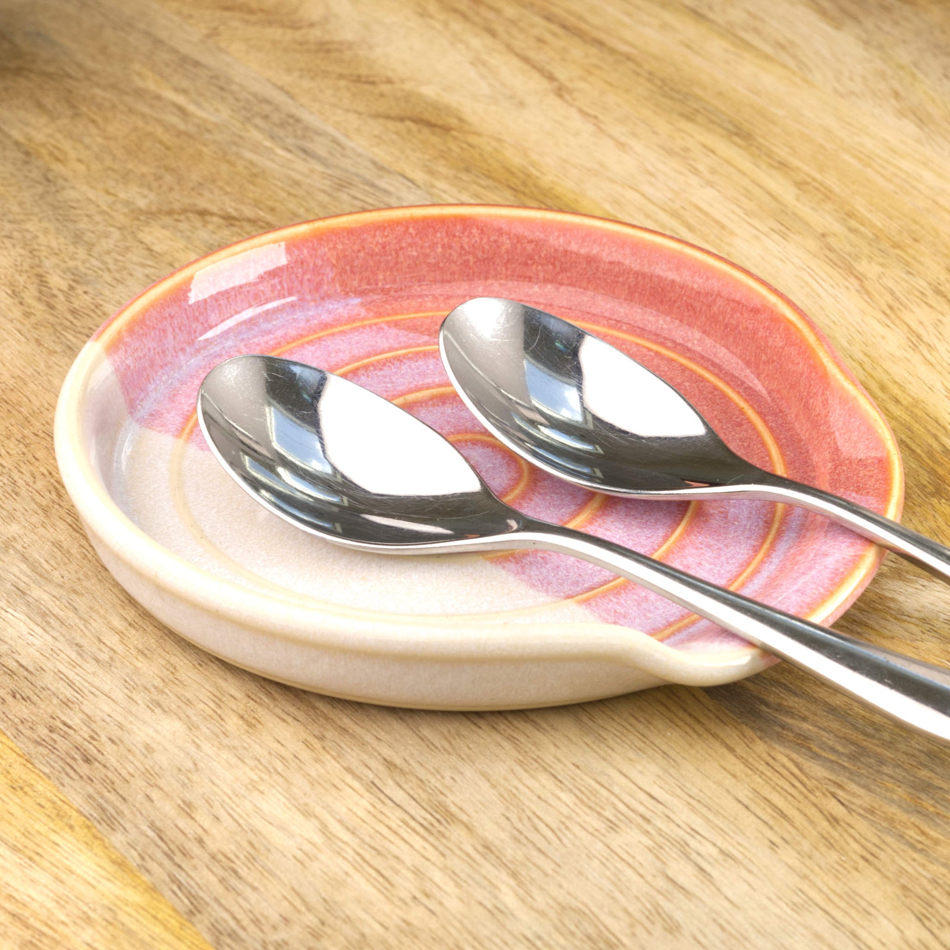 Handmade spoon rest with teaspoons, Coral and White pottery utensil tray for tea station, baking bench or coffee corner