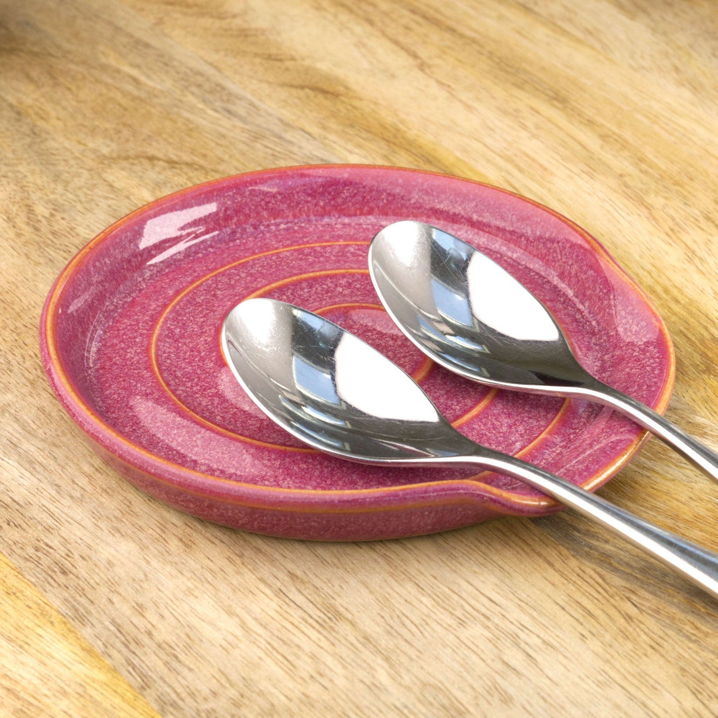 Crimson wheel-thrown spoon rest with teaspoons, handmade pottery spoon holder for tea making station, coffee bar or housewarming gift