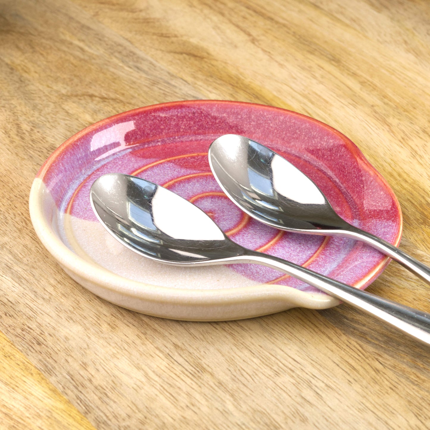 Crimson and white wheel-thrown spoon rest with teaspoons, handmade ceramic spoon holder for tea station, coffee corner or kitchen gift