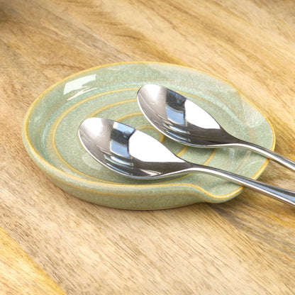 Pale Green wheel-thrown spoon rest with teaspoons, handmade ceramic spoon holder for tea station, coffee corner or thoughtful kitchen gift