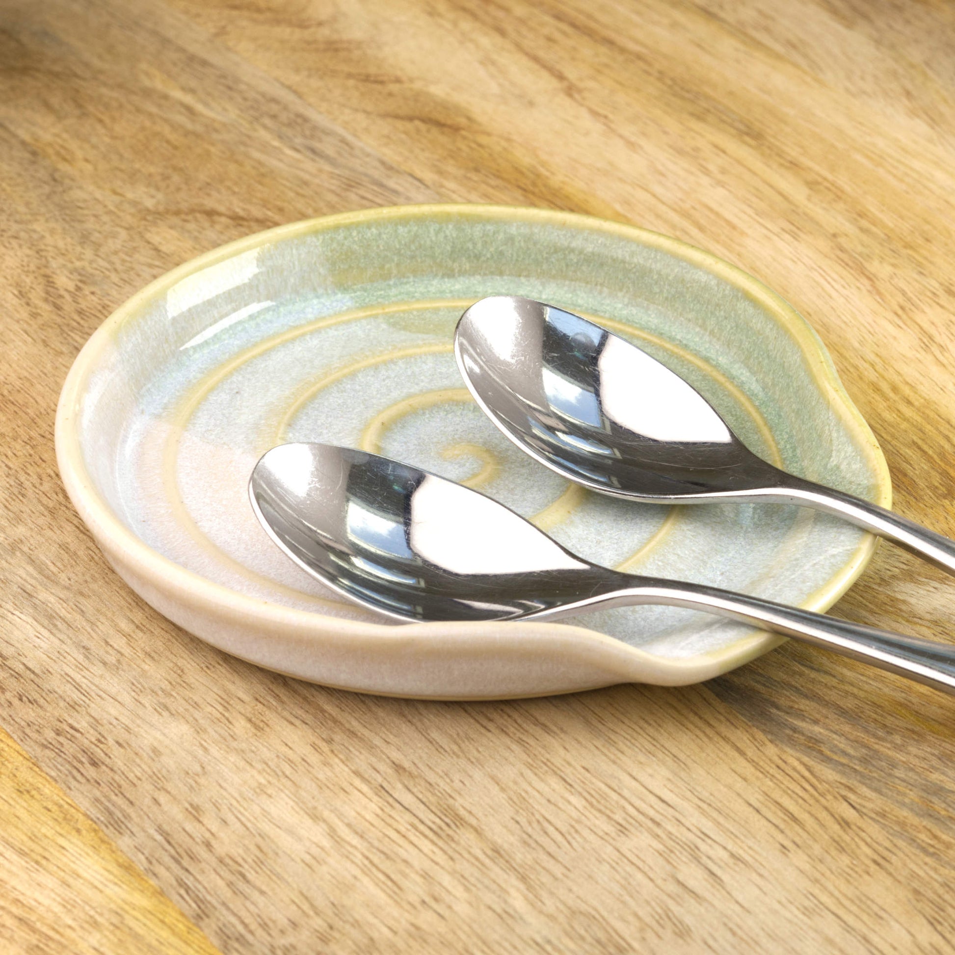 Handmade spoon rest with teaspoons, Pale Green and White pottery utensil tray for tea station, baking bench or coffee corner