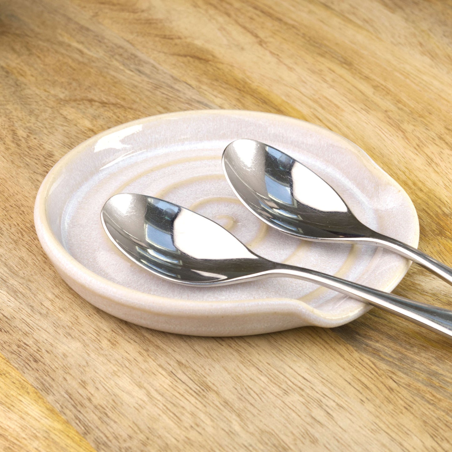 White wheel-thrown spoon rest with teaspoons, handmade pottery spoon holder for tea station styling, farmhouse kitchen gift idea