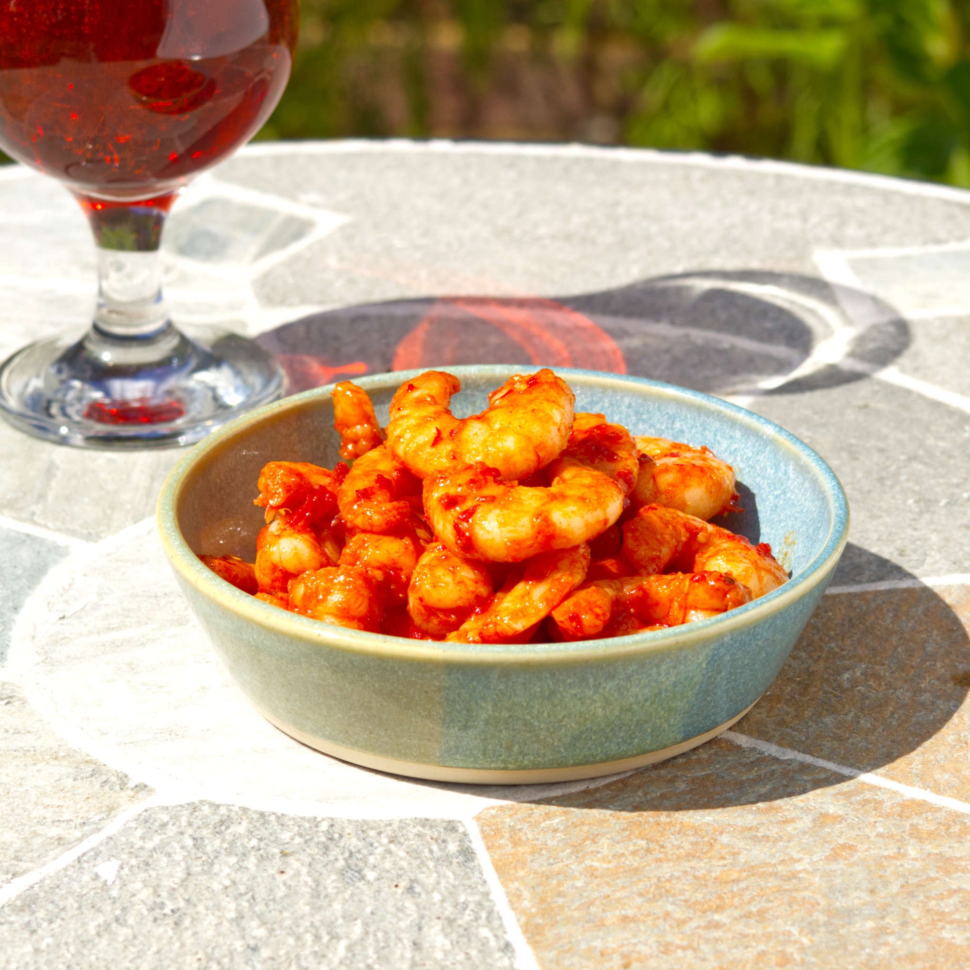 Coastal Blue & Pale Green stoneware tapas bowl served with prawns beside a drink, perfect for seafood starters, small plates, sharing dishes and outdoor entertaining
