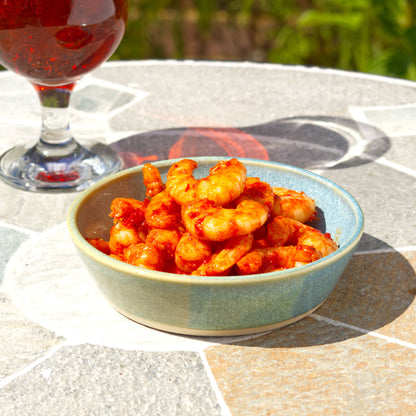 Coastal Blue & Pale Green stoneware tapas bowl served with prawns beside a drink, perfect for seafood starters, small plates, sharing dishes and outdoor entertaining
