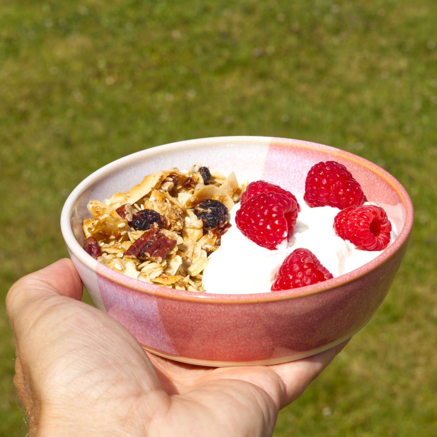 Coral & White stoneware tapas bowl used for granola, yoghurt and fresh raspberries, perfect for brunch spreads, light breakfasts and alfresco summer dining