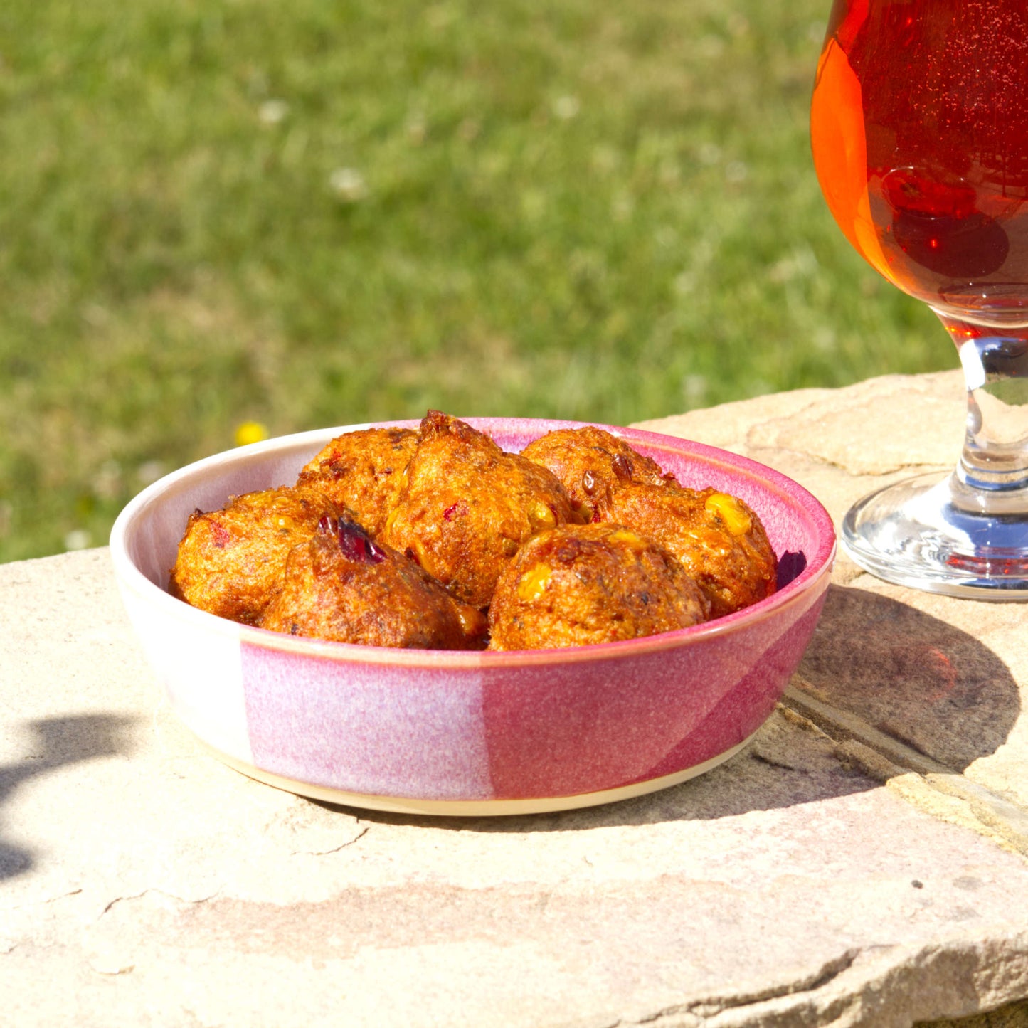 Crimson & White handmade tapas bowl filled with falafel, styled outdoors for mezze, small plates, appetisers and relaxed alfresco dining
