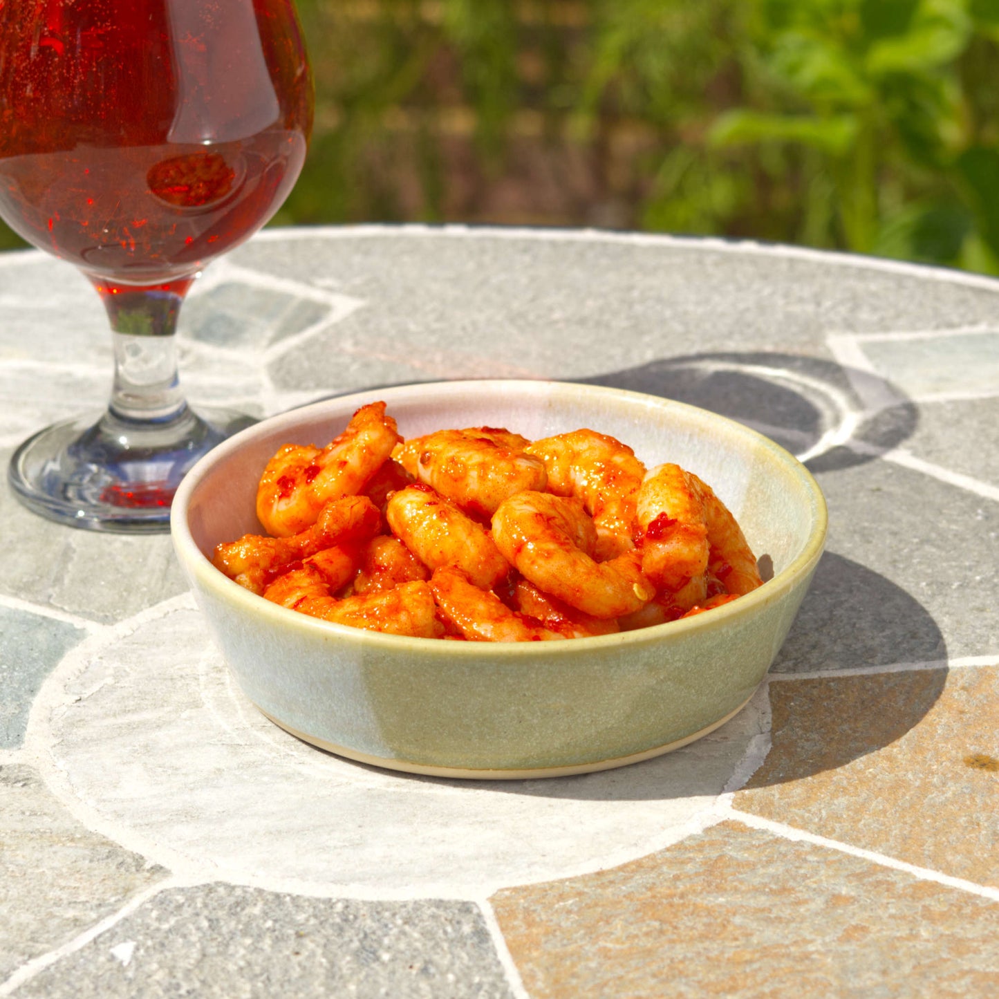 Pale Green & White stoneware tapas bowl served with prawns beside a drink, perfect for seafood starters, tapas spreads, small plates and outdoor entertaining