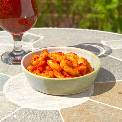 Pale Green & White stoneware tapas bowl served with prawns beside a drink, perfect for seafood starters, tapas spreads, small plates and outdoor entertaining