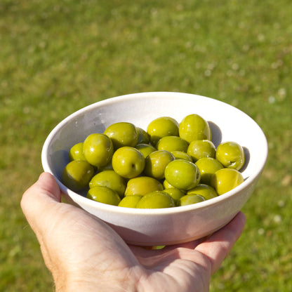 White ceramic tapas bowl held in the hand and filled with olives, ideal for antipasti, Mediterranean nibbles, minimalist serving and casual summer entertaining