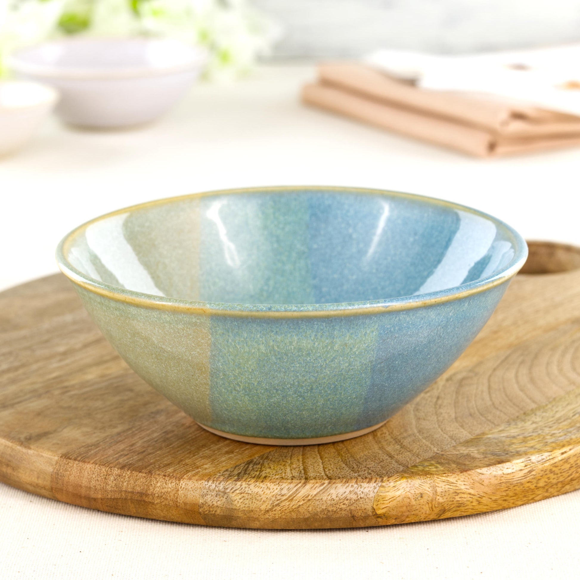 Medium wheel-thrown bowl in Coastal Blue & Pale Green, ideal for pasta, salads or relaxed coastal-style dining, handmade in speckled stoneware