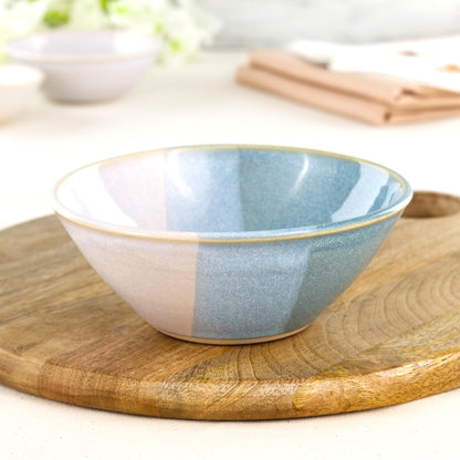 Coastal Blue and White medium bowl on wooden board, a wheel-thrown handmade pottery bowl for breakfast, pasta, ramen-style noodles and relaxed table settings