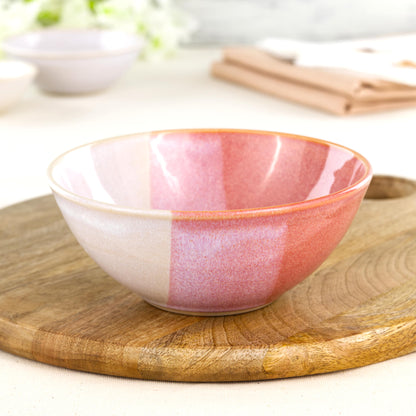Coral and White medium pottery bowl on wooden board, a handmade stoneware bowl for soup, pasta, noodles, cosy suppers and colourful tableware