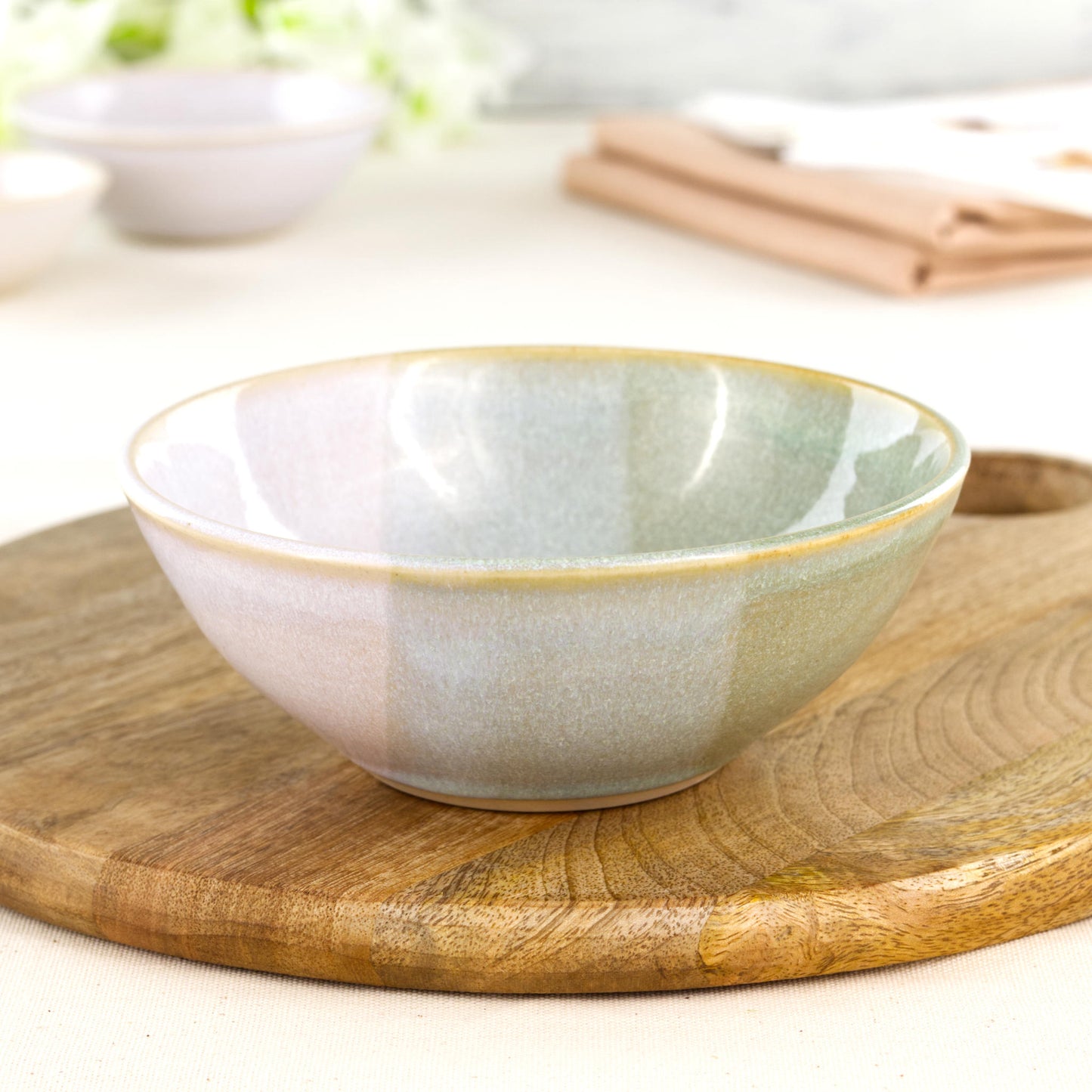 Pale Green and White medium pottery bowl on wooden board, a handmade stoneware bowl for soups, noodles, pasta, rice bowls and relaxed tableware