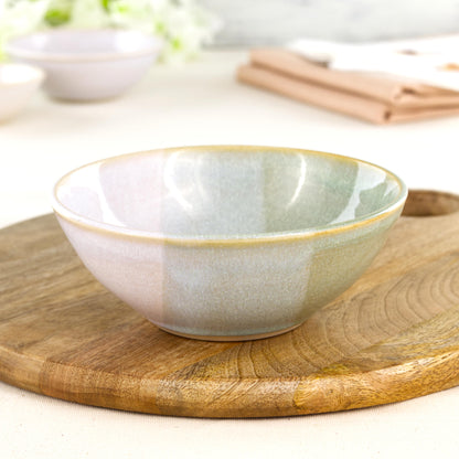 Pale Green and White medium pottery bowl on wooden board, a handmade stoneware bowl for soups, noodles, pasta, rice bowls and relaxed tableware