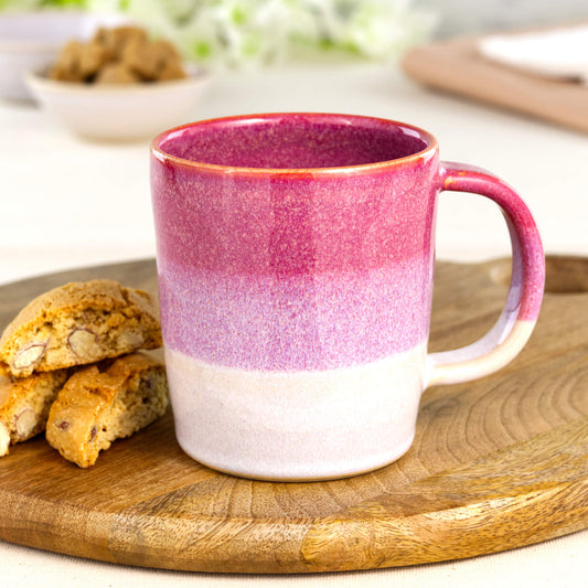 Crimson and White handmade ceramic mug on a wooden board with biscotti, a wheel-thrown stoneware coffee mug for cosy everyday drinks