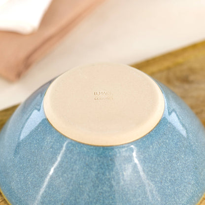 Base of handmade Coastal Blue small bowl showing smooth burnished clay and maker’s mark from my Sussex pottery studio