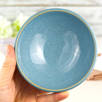 Coastal Blue handmade small bowl held in hand, showing rounded snack bowl shape for olives, dips, nuts and little desserts