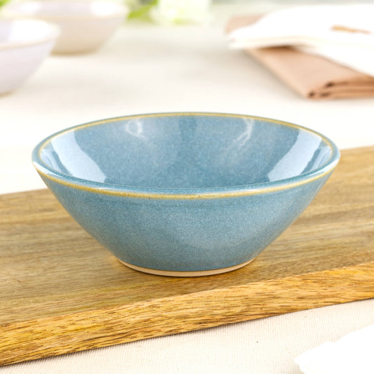 Coastal Blue ceramic small bowl on wooden board, a handmade stoneware dip bowl for sauces, snacks and everyday table moments