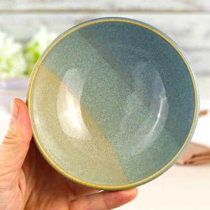 Blue and Green handmade pottery bowl held in hand, a small serving bowl for olives, nuts, dips, side dishes or everyday table use