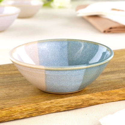Coastal Blue and White small pottery bowl on wooden board, a handmade stoneware bowl for tapas, sauces and relaxed entertaining